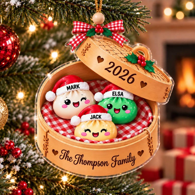 Personalized Family Glitter Dumpling Ornament 2026, Custom Family Acrylic Ornament, Cute Kawaii Food Ornament