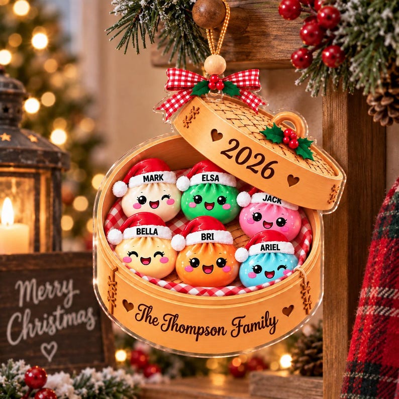 Personalized Family Glitter Dumpling Ornament 2026, Custom Family Acrylic Ornament, Cute Kawaii Food Ornament