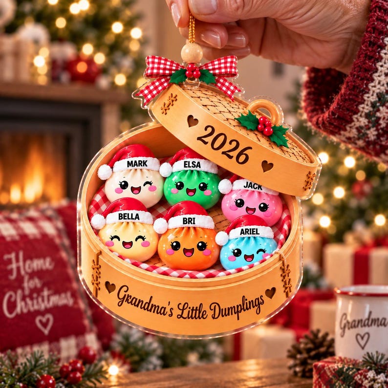 Personalized Family Glitter Dumpling Ornament 2026, Custom Family Acrylic Ornament, Cute Kawaii Food Ornament