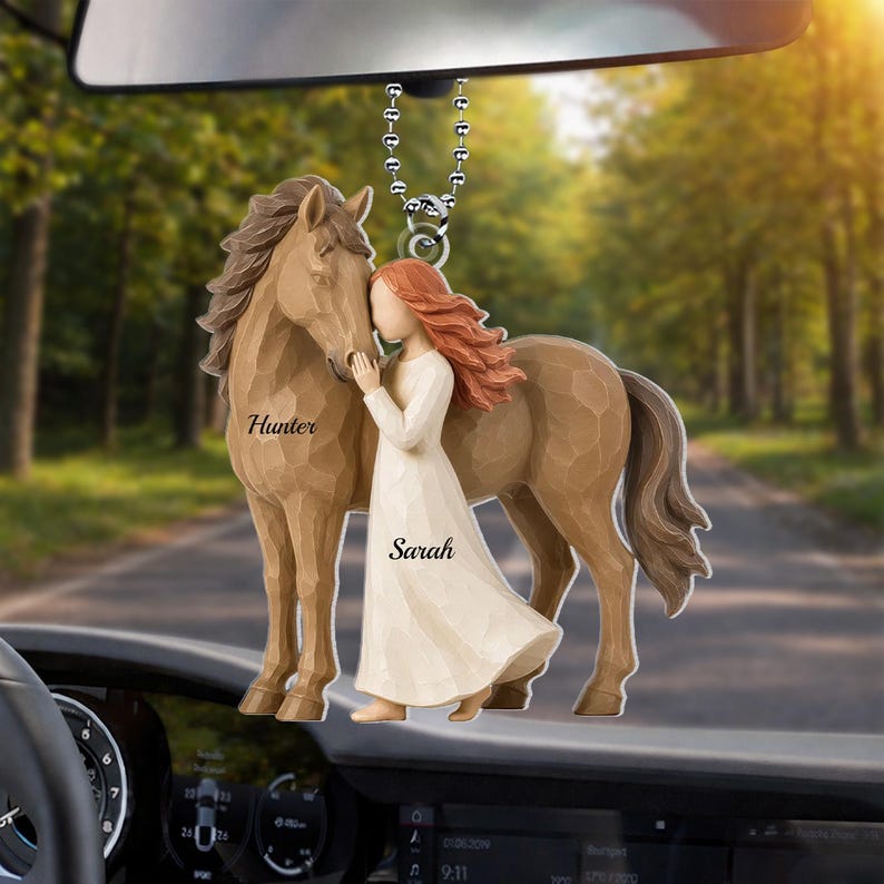 Girl Standing With Horse, Personalized Girl Horse Acrylic Ornament Car Hanger, Custom Name Horse Lover Gift, Riding Gift for Girls