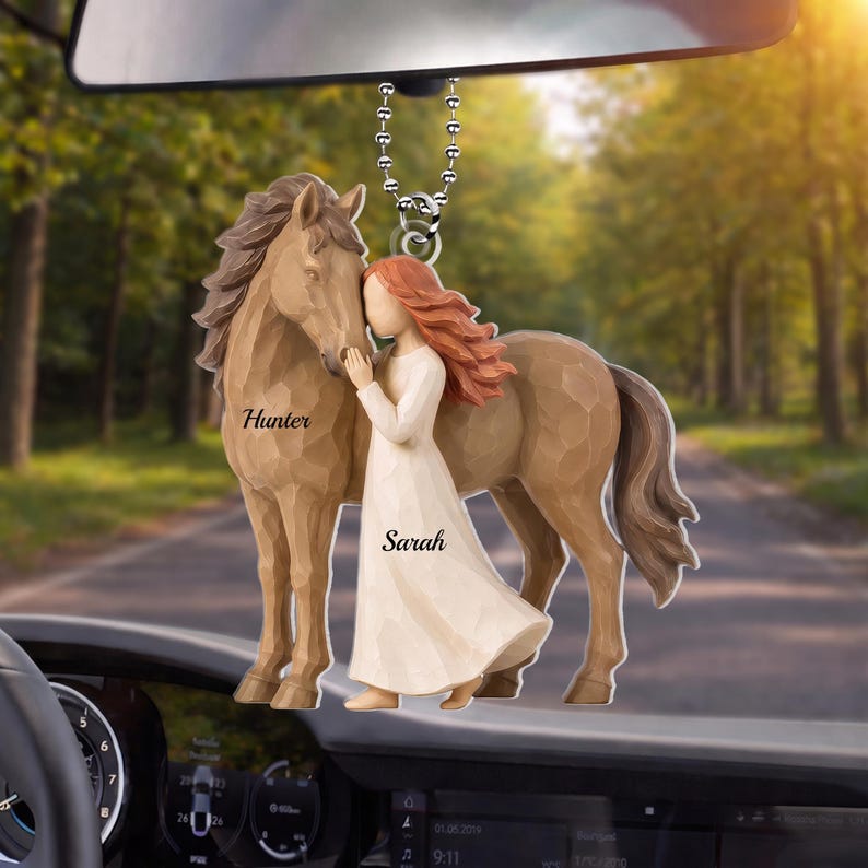 Girl Standing With Horse, Personalized Girl Horse Acrylic Ornament Car Hanger, Custom Name Horse Lover Gift, Riding Gift for Girls
