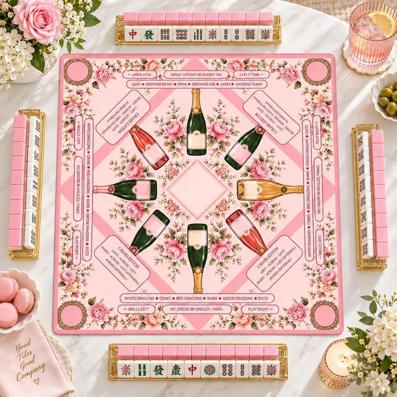 Bams & Bubbly Mahjong Mat, Preppy Pink Champagne & Floral Table Cover, Non-Slip Table Play Mat