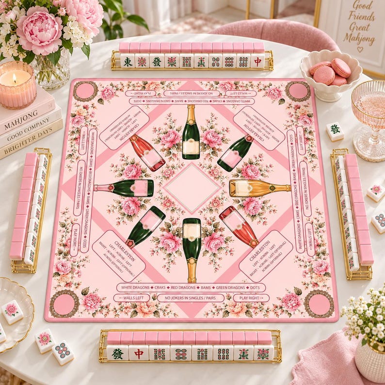 Bams & Bubbly Mahjong Mat, Preppy Pink Champagne & Floral Table Cover, Non-Slip Table Play Mat