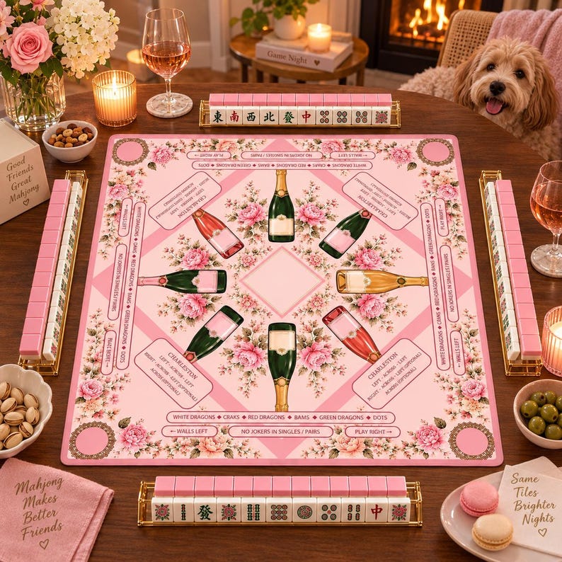Bams & Bubbly Mahjong Mat, Preppy Pink Champagne & Floral Table Cover, Non-Slip Table Play Mat