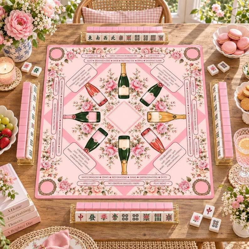 Bams & Bubbly Mahjong Mat, Preppy Pink Champagne & Floral Table Cover, Non-Slip Table Play Mat