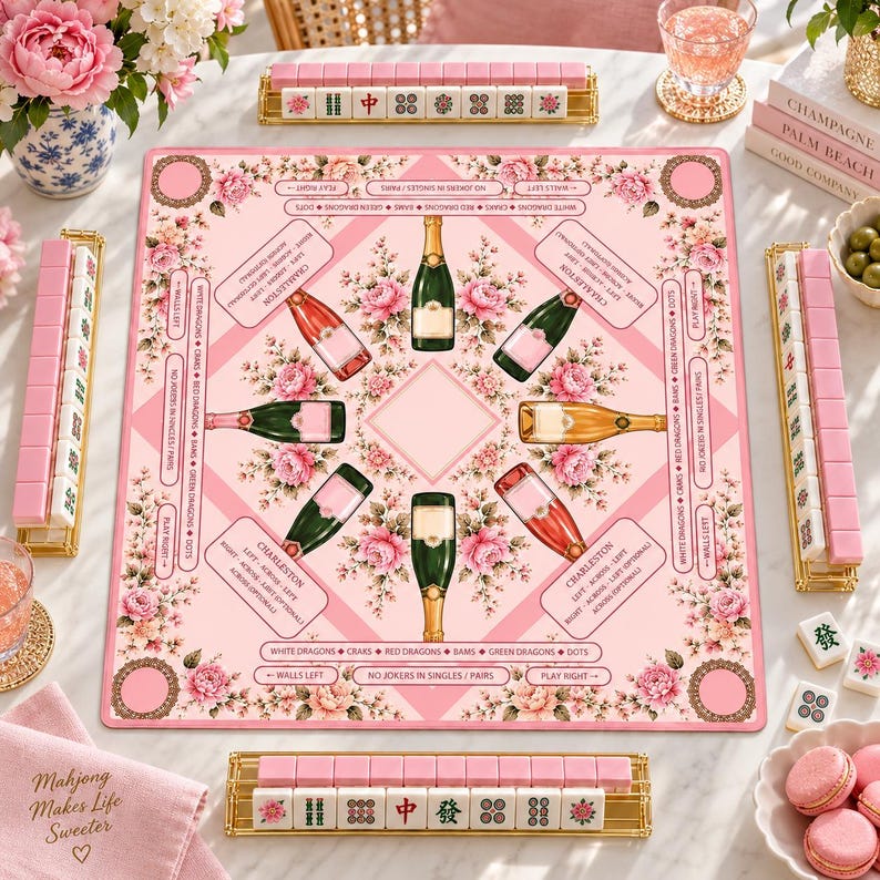 Bams & Bubbly Mahjong Mat, Preppy Pink Champagne & Floral Table Cover, Non-Slip Table Play Mat