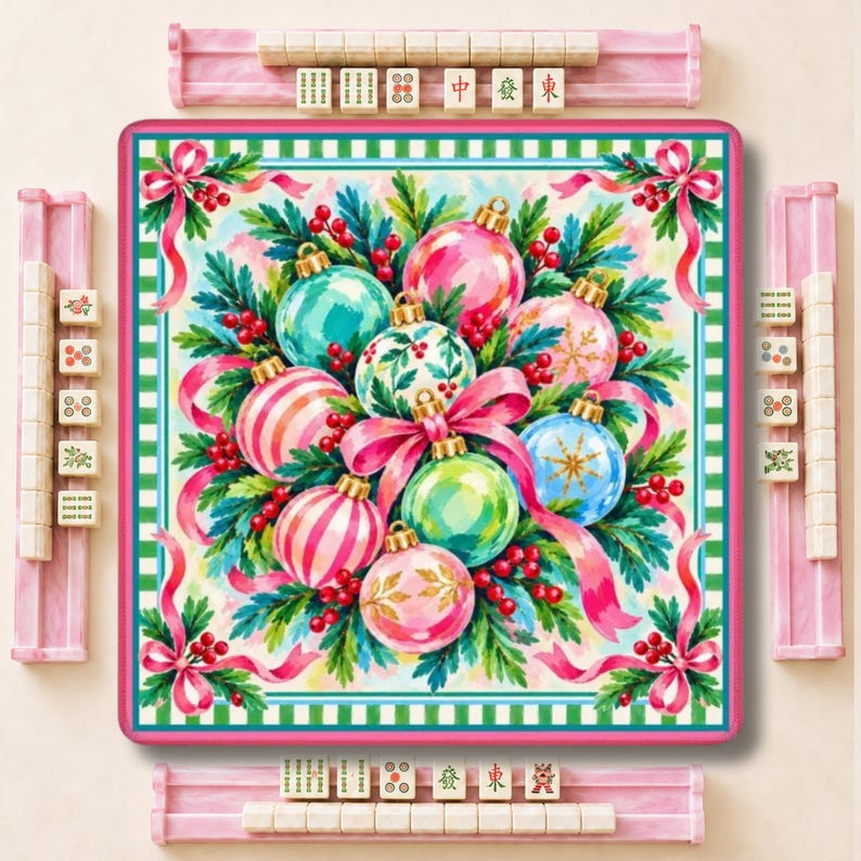 The Jingle Belle Mahjong Mat, Pink Christmas Baubles & Ribbon Playmat, American Mahjong Game Night Gift