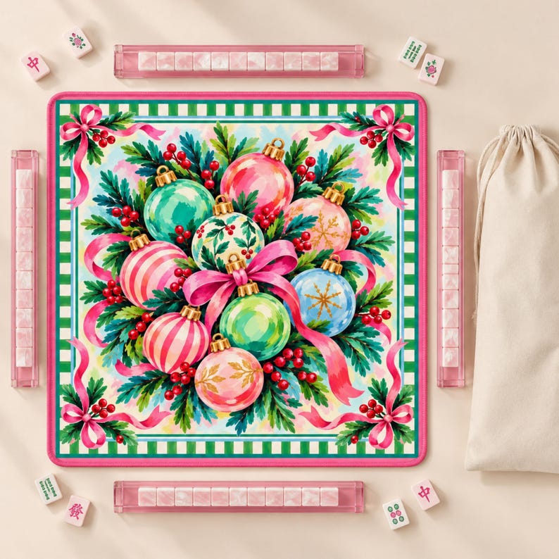 The Jingle Belle Mahjong Mat, Pink Christmas Baubles & Ribbon Playmat, American Mahjong Game Night Gift