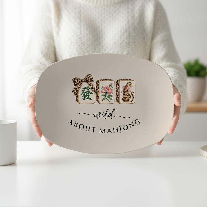 Wild About Mahjong Serving Platter, Custom Leopard Print Oval Tray, Game Night Mahj Group Hostess Gift