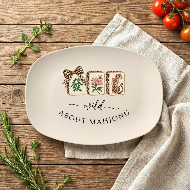 Wild About Mahjong Serving Platter, Custom Leopard Print Oval Tray, Game Night Mahj Group Hostess Gift