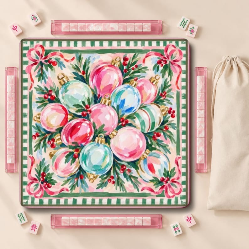 The Most Wonderful Time of The Year Mahjong Mat, American Mahjong Table Cover, Pink Christmas Ornament Bow Game Night Gift