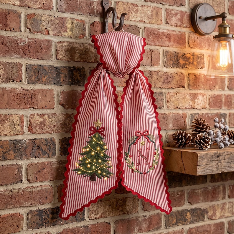 Custom Embroidery Christmas Tree Name Wreath Sash, Personalize Monogram Stripe Ribbon Bow Christmas Decor