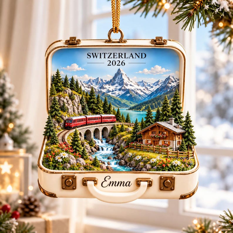 Personalized Switzerland Travel Ornament, Custom Name Swiss Alps Keepsake, Matterhorn Train Vacation Gift