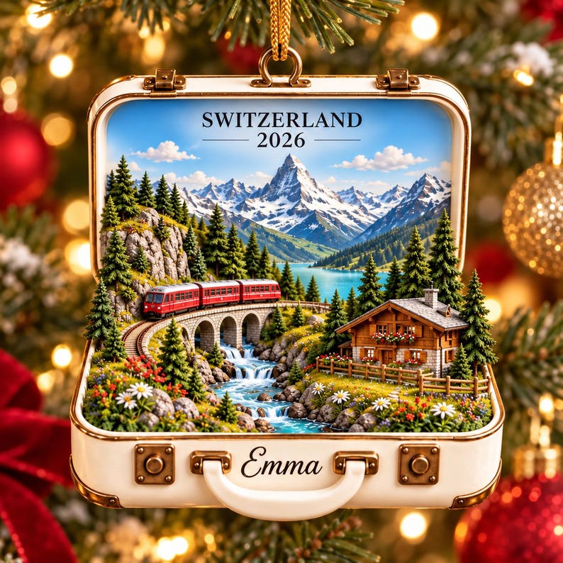 Personalized Switzerland Travel Ornament, Custom Name Swiss Alps Keepsake, Matterhorn Train Vacation Gift