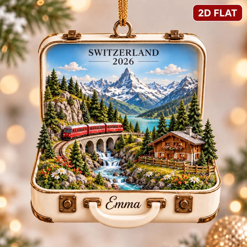 Personalized Switzerland Travel Ornament, Custom Name Swiss Alps Keepsake, Matterhorn Train Vacation Gift