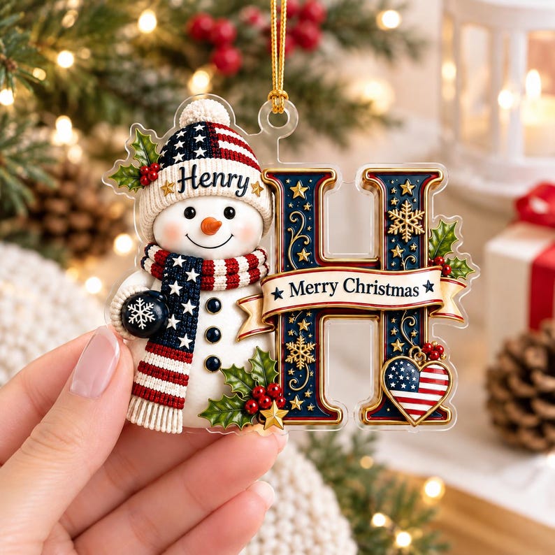 Personalized Initial Christmas Ornament, Snowman Acrylic Ornament, Newborn Gift, Patriotic Baby Gift, Xmas Decor