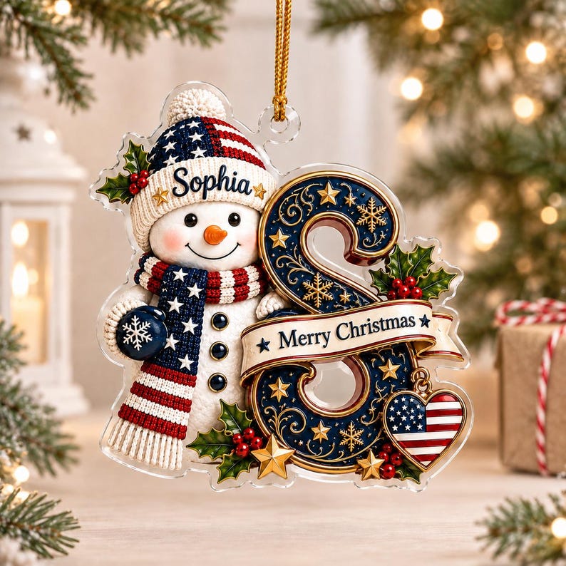 Personalized Initial Christmas Ornament, Snowman Acrylic Ornament, Newborn Gift, Patriotic Baby Gift, Xmas Decor