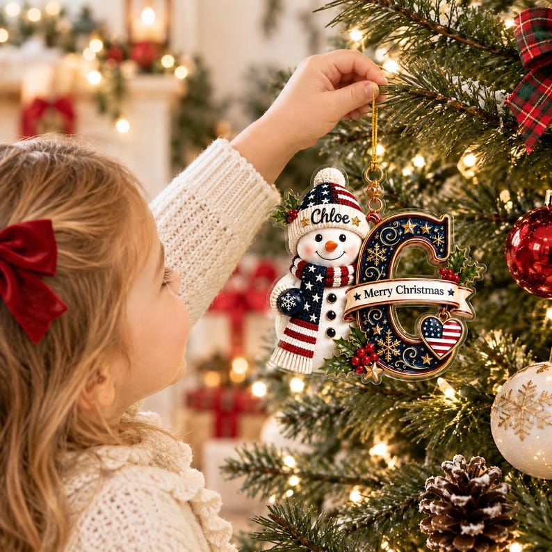 Personalized Initial Christmas Ornament, Snowman Acrylic Ornament, Newborn Gift, Patriotic Baby Gift, Xmas Decor