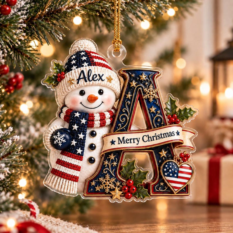 Personalized Initial Christmas Ornament, Snowman Acrylic Ornament, Newborn Gift, Patriotic Baby Gift, Xmas Decor