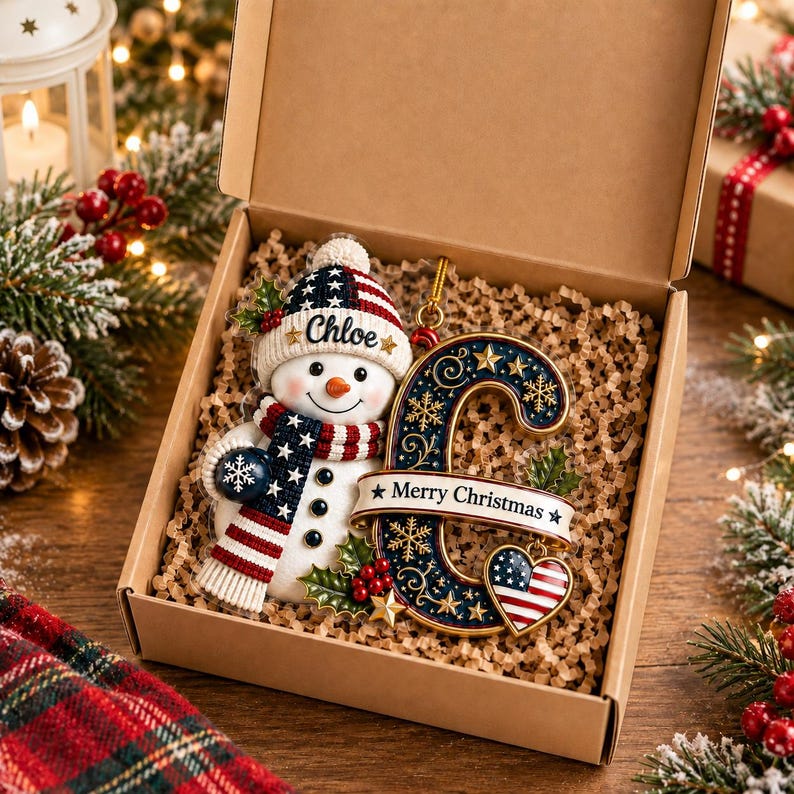 Personalized Initial Christmas Ornament, Snowman Acrylic Ornament, Newborn Gift, Patriotic Baby Gift, Xmas Decor