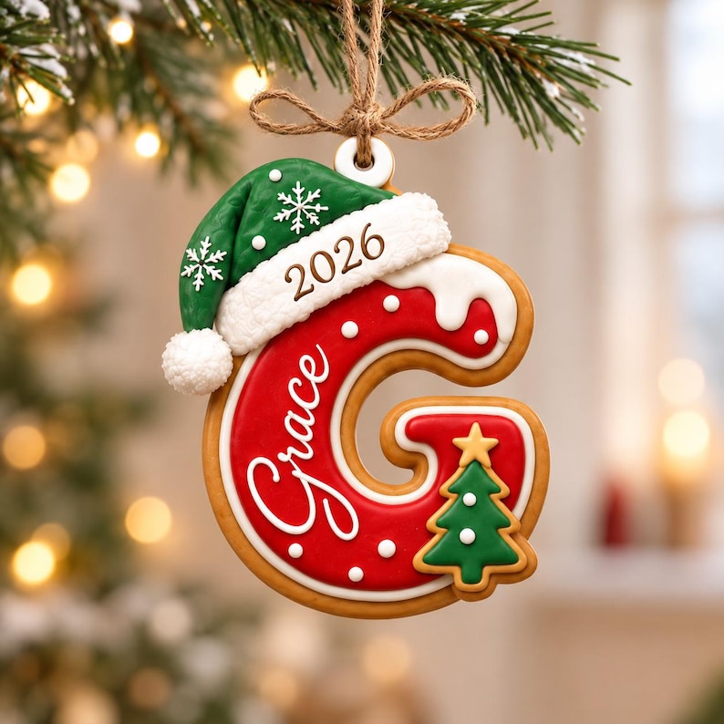 Personalized Christmas Ornament, Custom Name Initial Letter Ornament, 2026 Gingerbread Christmas Gift for Families