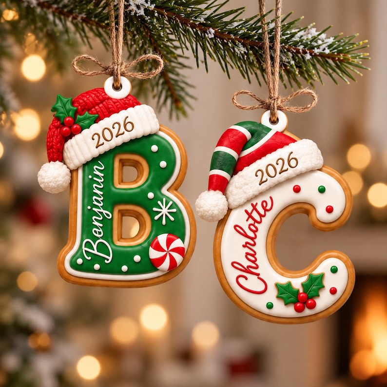 Personalized Christmas Ornament, Custom Name Initial Letter Ornament, 2026 Gingerbread Christmas Gift for Families