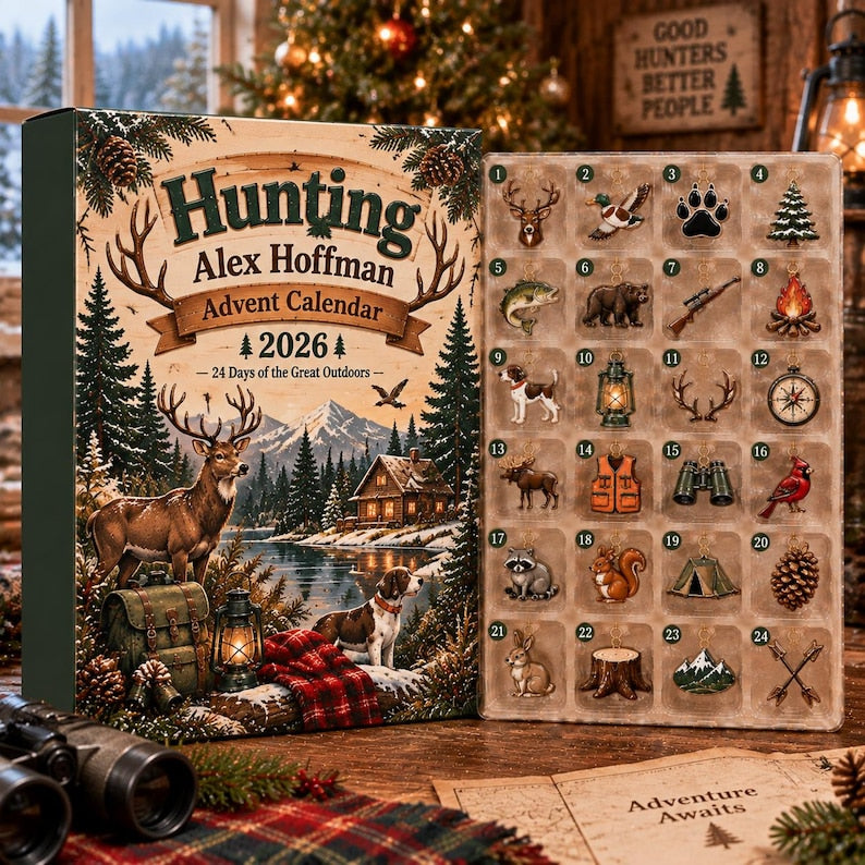 Hunting Advent Calendar 2026, Christmas Countdown Box, 24 Outdoor Hunting Charms, Personalized Hunter Holiday Keepsake