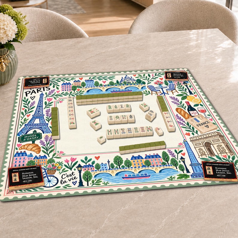 Paris Eiffel Tower Mahjong Mat, Bonjour French Café Travel Game Night Gift, France Lover Mahjong Gift