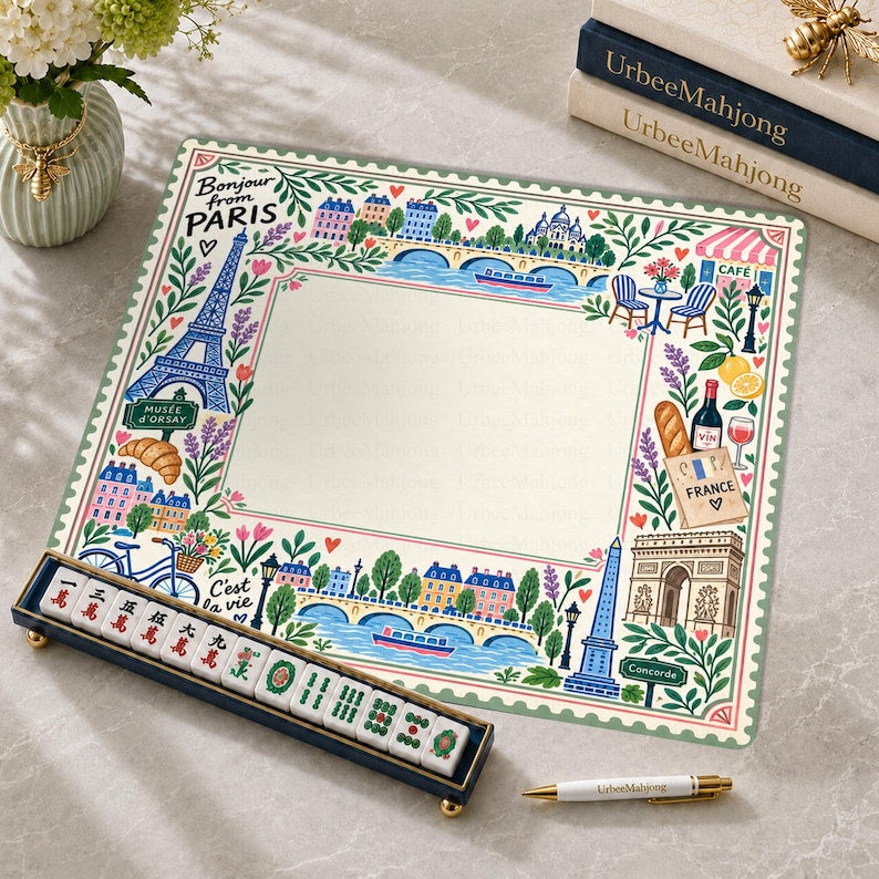 Paris Eiffel Tower Mahjong Mat, Bonjour French Café Travel Game Night Gift, France Lover Mahjong Gift