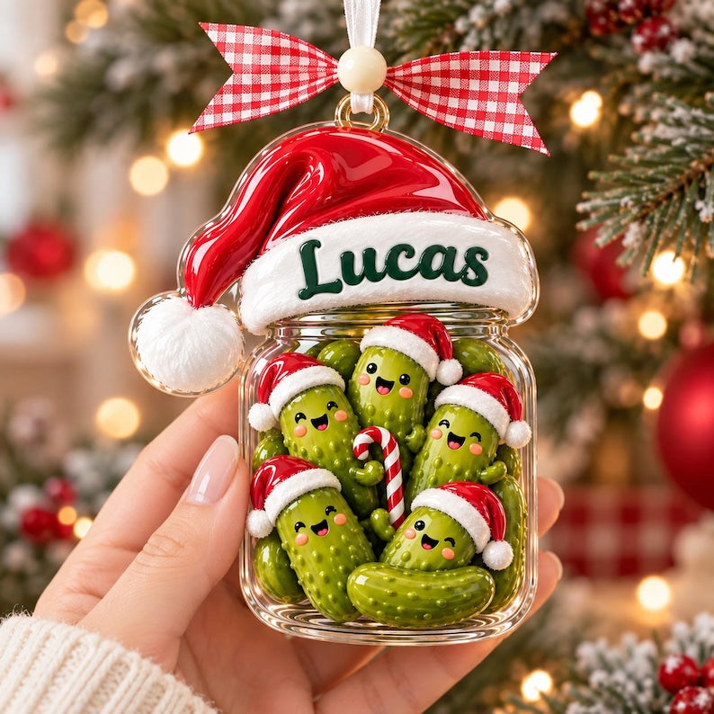 Personalized Cucumber Santa Hat Christmas Acrylic Ornament, Pickle Jar Xmas Ornament, Funny Xmas Tree Decor