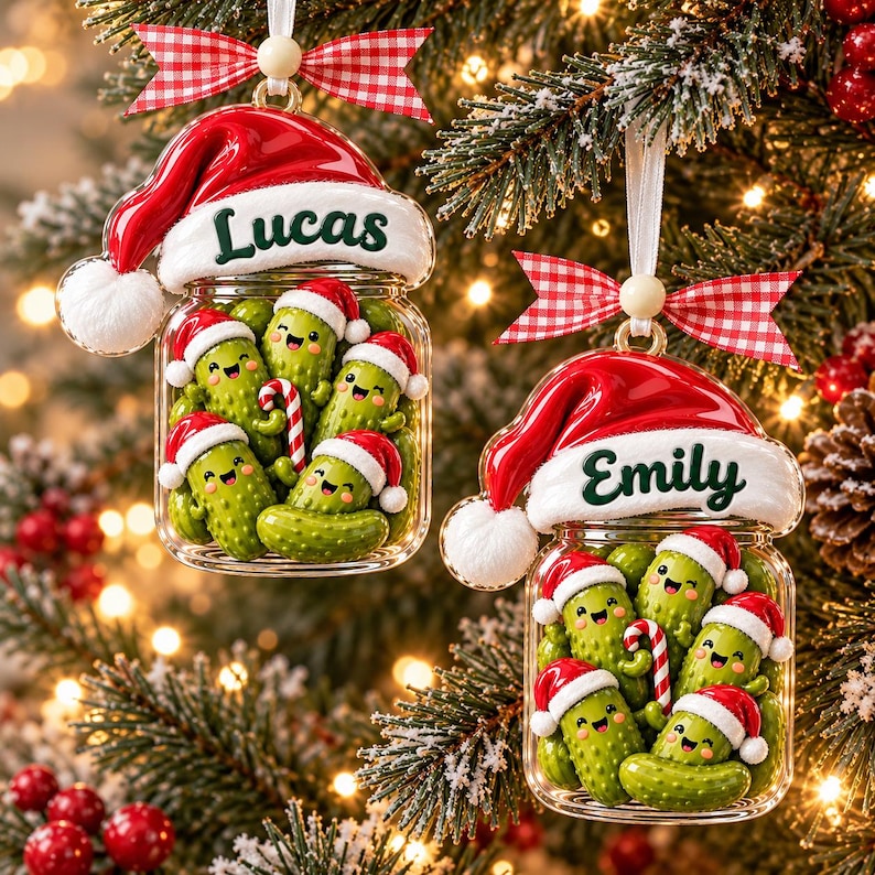 Personalized Cucumber Santa Hat Christmas Acrylic Ornament, Pickle Jar Xmas Ornament, Funny Xmas Tree Decor