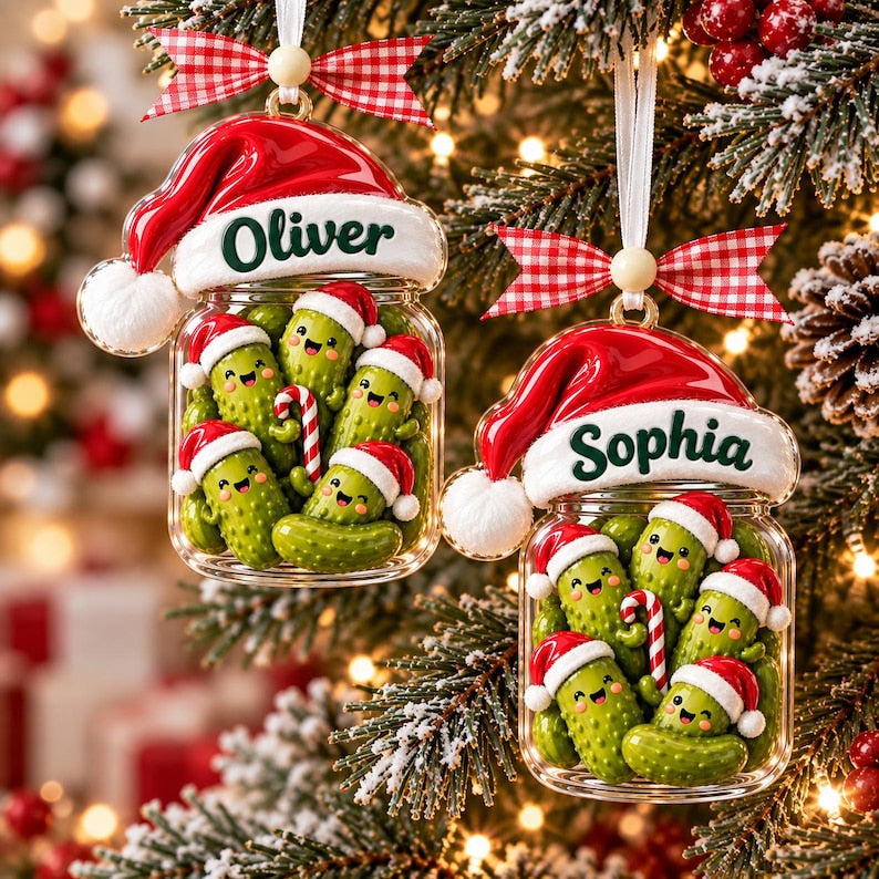 Personalized Cucumber Santa Hat Christmas Acrylic Ornament, Pickle Jar Xmas Ornament, Funny Xmas Tree Decor