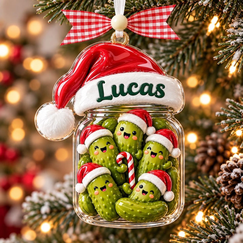Personalized Cucumber Santa Hat Christmas Acrylic Ornament, Pickle Jar Xmas Ornament, Funny Xmas Tree Decor