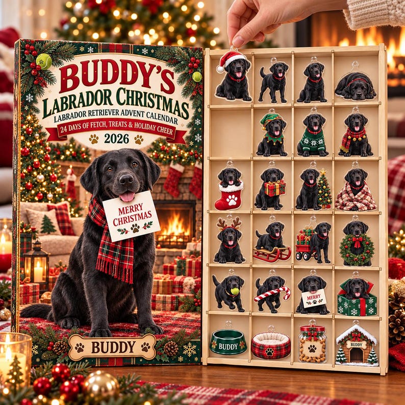 Personalized Labrador Retriever Advent Calendar 2026, 24 Wood or Acrylic Charms, Black Lab Christmas Gift, Custom Pet Name