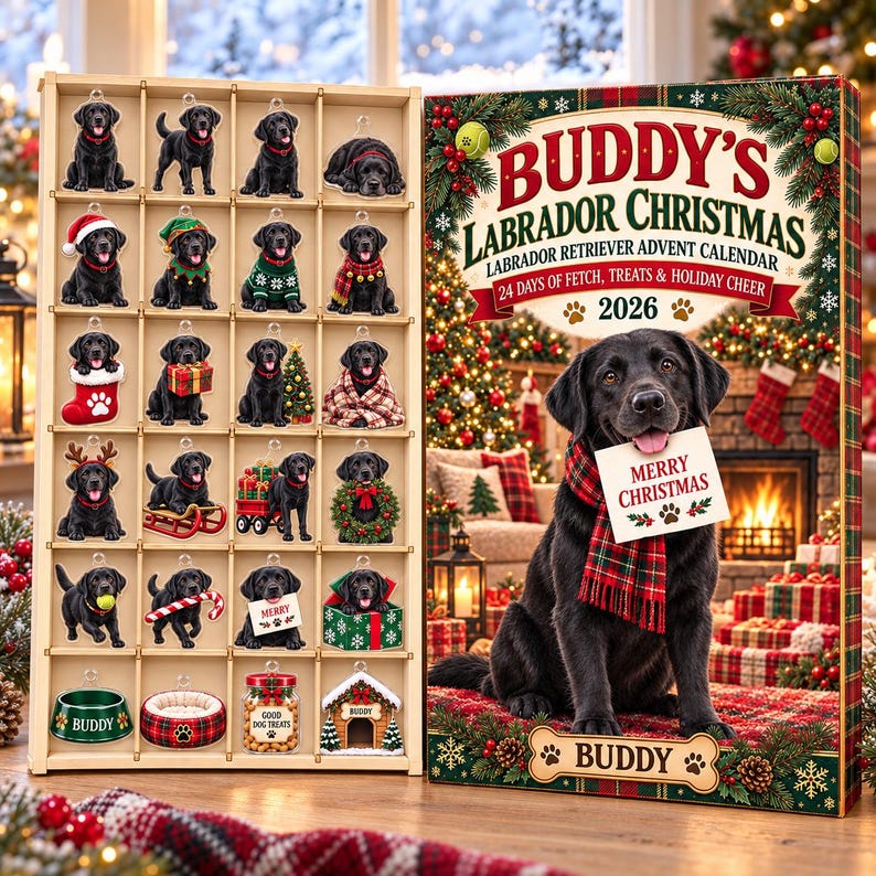 Personalized Labrador Retriever Advent Calendar 2026, 24 Wood or Acrylic Charms, Black Lab Christmas Gift, Custom Pet Name