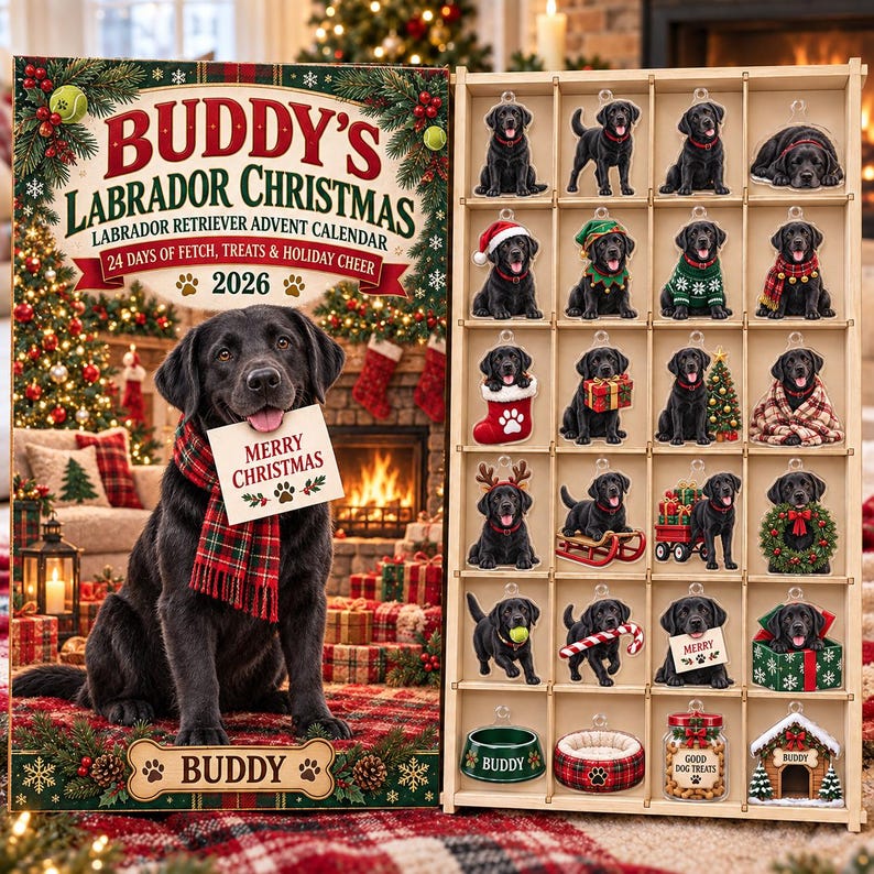 Personalized Labrador Retriever Advent Calendar 2026, 24 Wood or Acrylic Charms, Black Lab Christmas Gift, Custom Pet Name