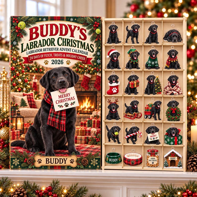 Personalized Labrador Retriever Advent Calendar 2026, 24 Wood or Acrylic Charms, Black Lab Christmas Gift, Custom Pet Name
