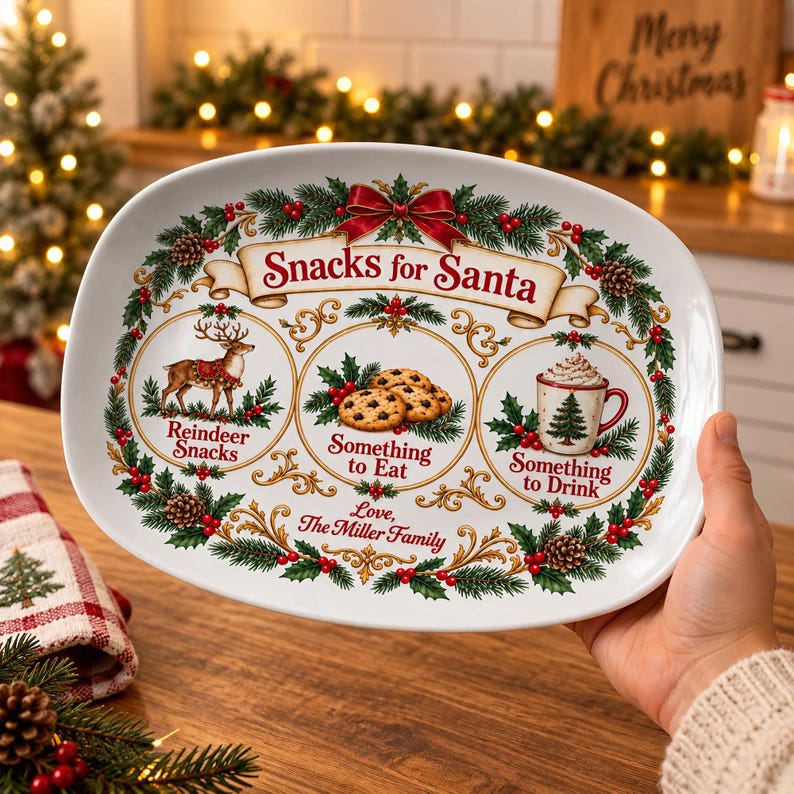 Personalized Christmas Platter, Santa Treat Tray with Custom Family Name