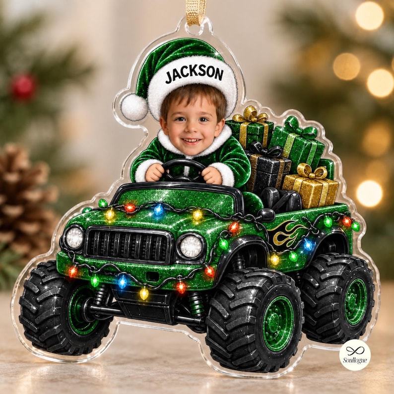 Personalized Monster Truck Ornament, Custom Photo Kid Name Christmas Ornament, Custom Face Monster Truck Ornament