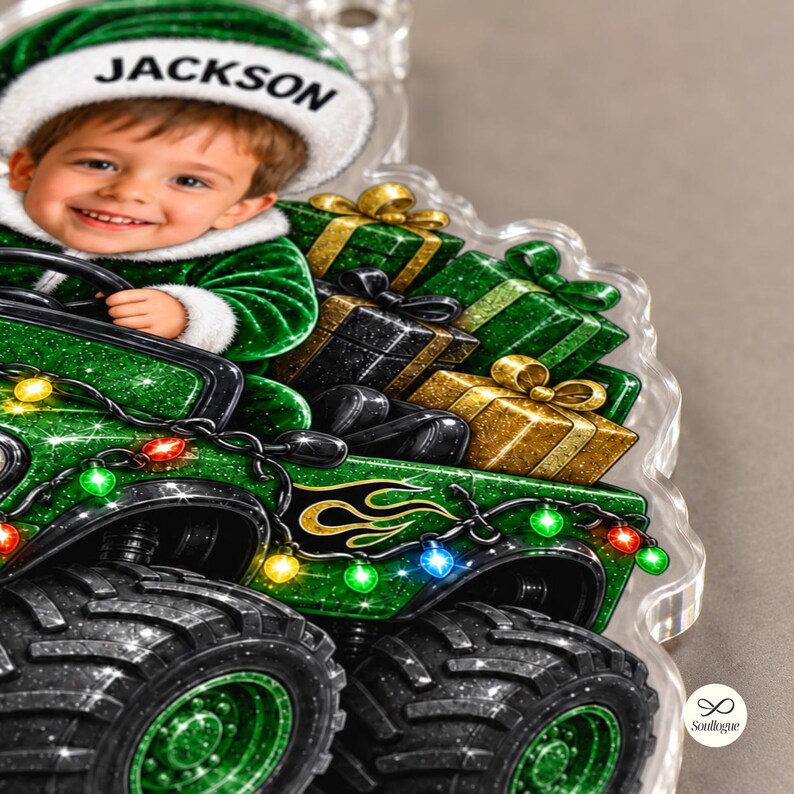 Personalized Monster Truck Ornament, Custom Photo Kid Name Christmas Ornament, Custom Face Monster Truck Ornament
