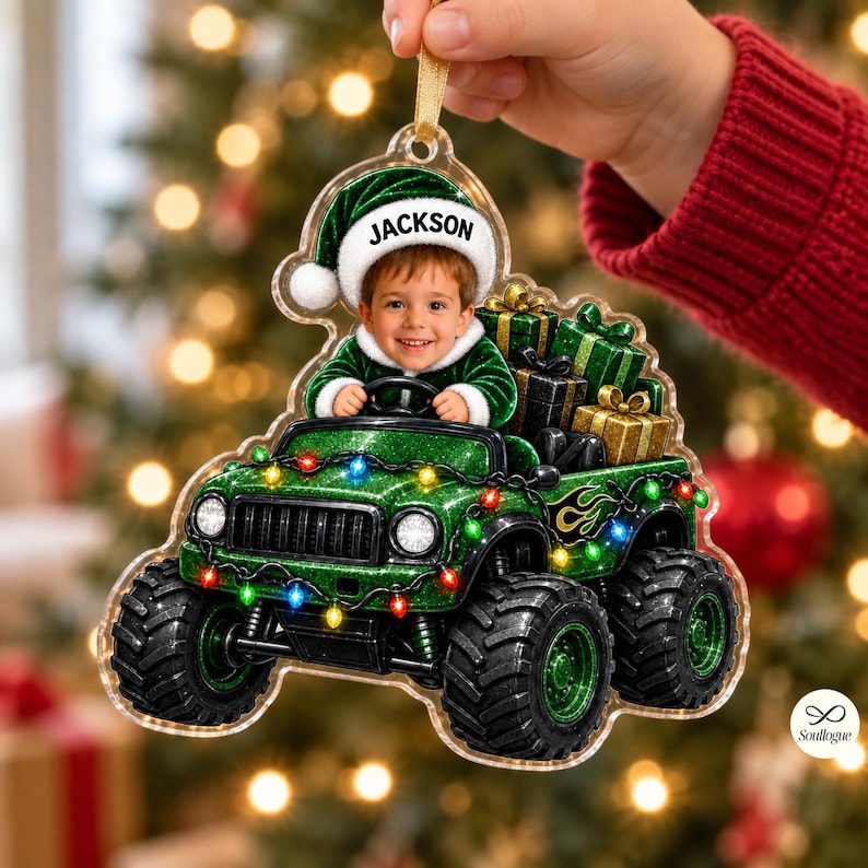 Personalized Monster Truck Ornament, Custom Photo Kid Name Christmas Ornament, Custom Face Monster Truck Ornament