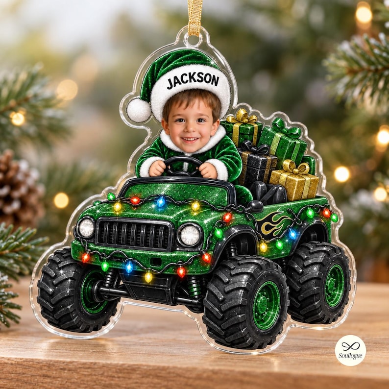 Personalized Monster Truck Ornament, Custom Photo Kid Name Christmas Ornament, Custom Face Monster Truck Ornament