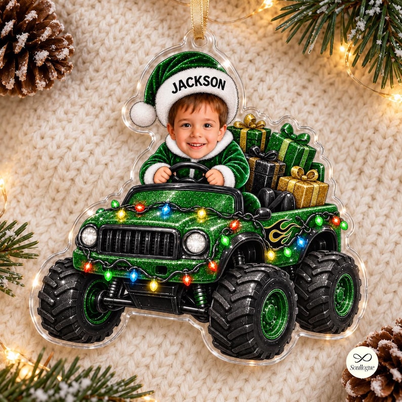 Personalized Monster Truck Ornament, Custom Photo Kid Name Christmas Ornament, Custom Face Monster Truck Ornament