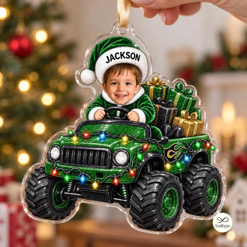Personalized Monster Truck Ornament, Custom Photo Kid Name Christmas Ornament, Custom Face Monster Truck Ornament