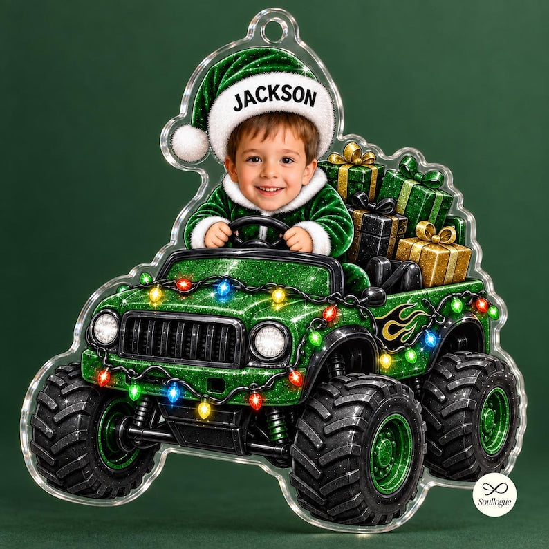 Personalized Monster Truck Ornament, Custom Photo Kid Name Christmas Ornament, Custom Face Monster Truck Ornament