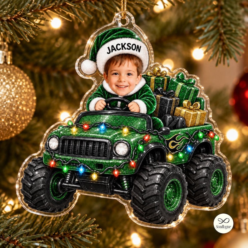 Personalized Monster Truck Ornament, Custom Photo Kid Name Christmas Ornament, Custom Face Monster Truck Ornament