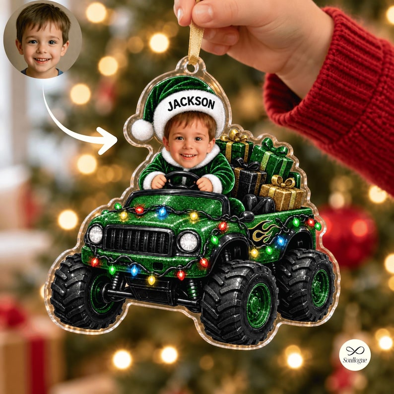Personalized Monster Truck Ornament, Custom Photo Kid Name Christmas Ornament, Custom Face Monster Truck Ornament