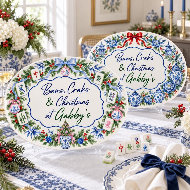 Christmas Mahjong Platter, Personalized Chinoiserie Mahjong Hostess Gift, Bams Craks & Christmas Serving Tray, Holiday Mahjong Party Decor