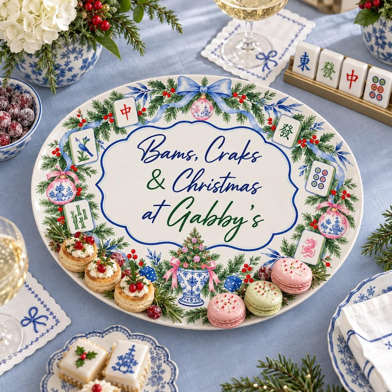 Christmas Mahjong Platter, Personalized Chinoiserie Mahjong Hostess Gift, Bams Craks & Christmas Serving Tray, Holiday Mahjong Party Decor