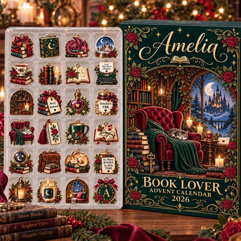 Personalized Book Lover Advent Calendar, Christmas Ornament Set, 24 Days Reading Countdown